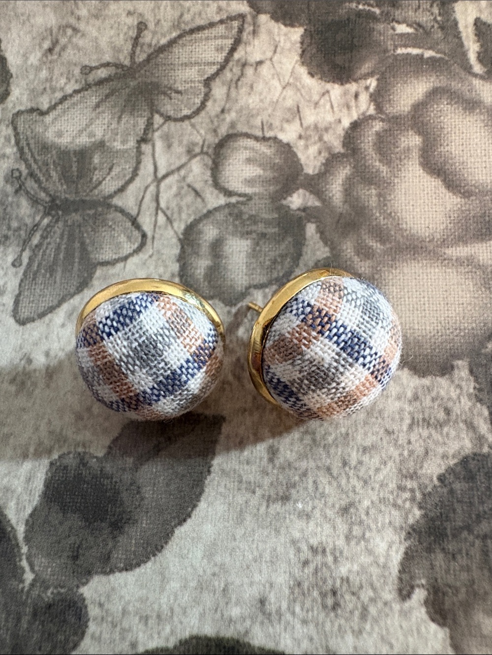 Plaid Fabric Button Stud Earrings - Blue & Tan